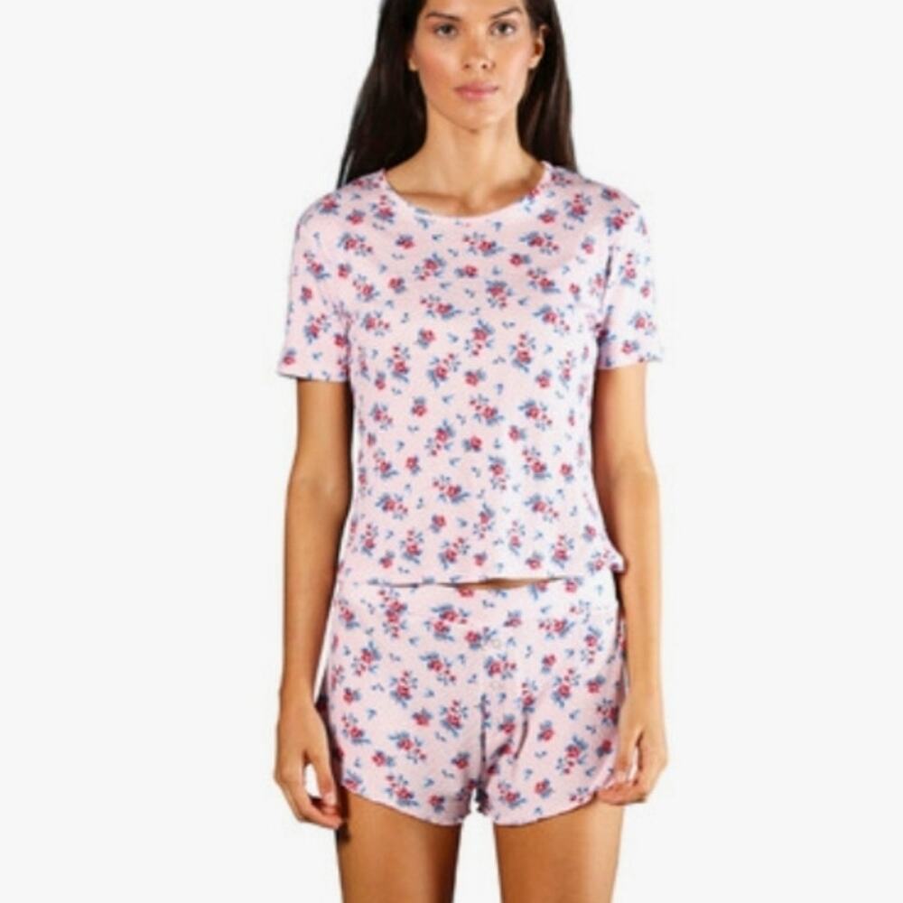 Plush Apparel Revolve Pink Floral Waffle Knit Pajama Shorts Loungewear Set S NWT